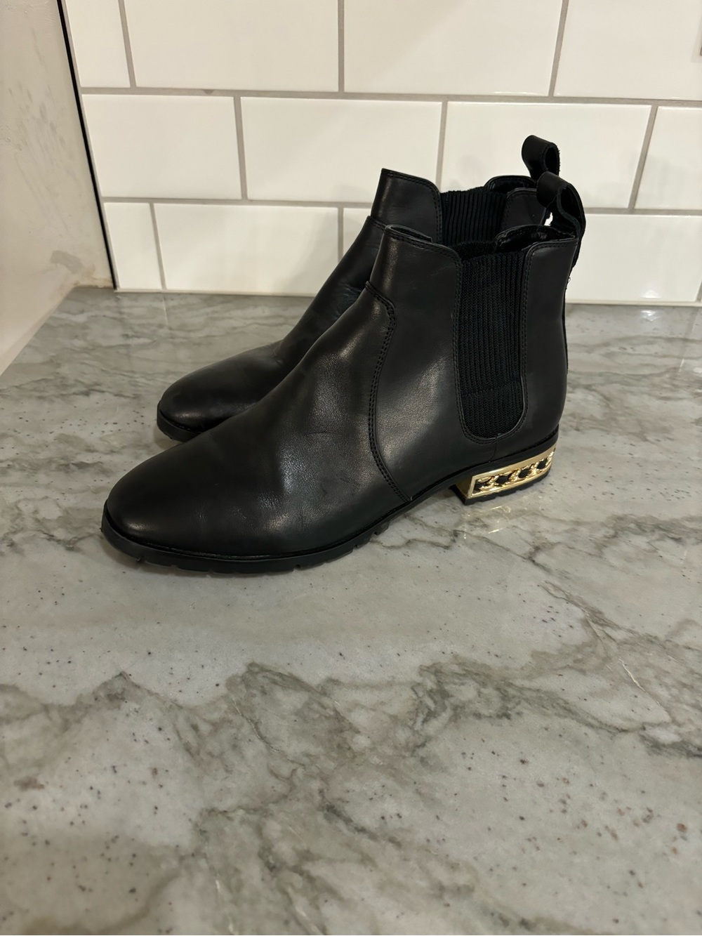 Karl Lagerfeld Black Leather Chelsea Ankle Boots with Gold Heel Detail